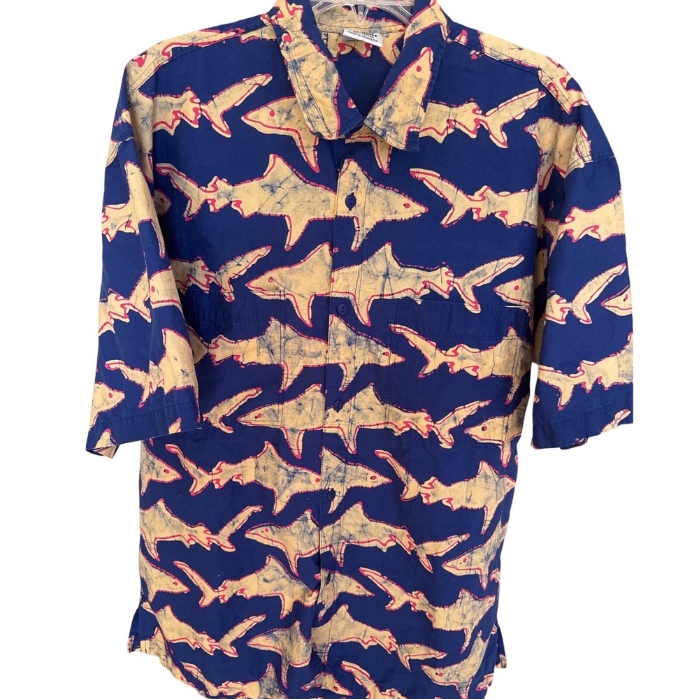 Vintage Rum Reggae short-sleeve button-down Hawaiian shirt shark‎ batik print XL